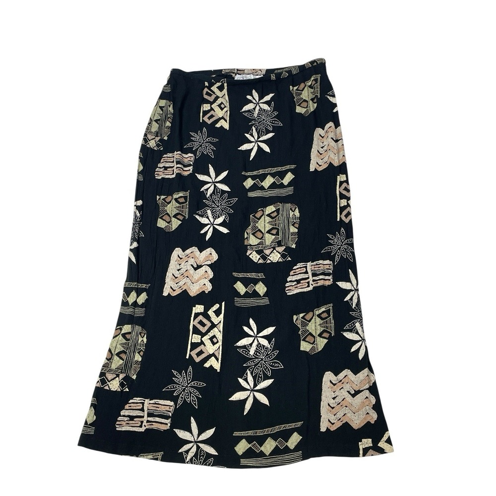 Vintage 90s California Krush Rayon Midi Skirt Womens L Black Tribal Tropical Pri